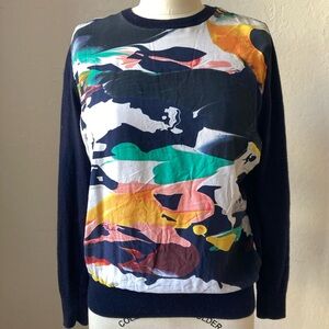 Cos Silk Front Abstract Landscape Navy Blue Merino Wool Sweater Size S